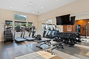 Leavenworth apartment for rent - A modern fitness center here at Autumn Haus featuring rubberized flooring, multiple treadmills and cardio machines positioned near large windows, a full rack of free weights with adjustable benches, mirrored walls for workout visibility, a wall-mounted television, and high ceilings with recessed lighting creating a bright and energizing workout space.