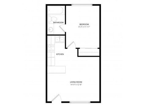 Floor plan for 1 bed, 1 bath, 490 sqft