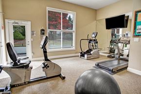 Bellevue apartment for rent - A compact fitness room here at Colonial Square featuring cardio equipment including a treadmill, stationary bike, and elliptical machine, complemented by a wall mirror, mounted television, large window with blinds bringing in natural light, and neutral carpeting that creates a clean and functional workout space.