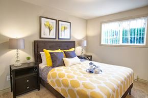 Bellevue apartment for rent - A cozy bedroom here at Colonial Square featuring a neatly made bed with a patterned yellow and white comforter, layered accent pillows, and a padded headboard, flanked by matching nightstands with modern lamps, complemented by framed wall art, soft carpeted flooring, and a window with vertical blinds providing natural light.