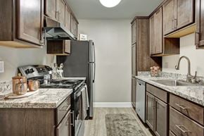 Federal Way apartment for rent - A kitchen with a black refrigerator and brown cabinets.