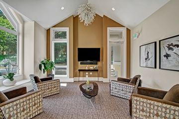 Federal Way apartment for rent - A living room with a brown carpet and a television.