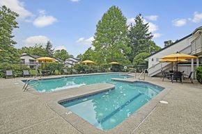 Kent apartment for rent - A refreshing outdoor swimming pool here at Island Park featuring a spacious concrete deck, a separate shallow pool area, and multiple lounge chairs with bright umbrellas. The fenced pool area is surrounded by mature trees, landscaped greenery, and nearby community buildings, creating a relaxing setting for residents.