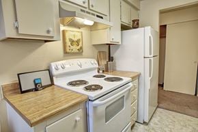 Mountlake Terrace apartment for rent - A kitchen with a white stove and a white refrigerator.