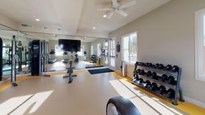 Leavenworth apartment for rent - A well-equipped fitness center here at Leavenworth Haus featuring strength and cardio equipment, including weight machines, free weights, benches, and treadmills. Large mirrors line the wall, while tall windows and overhead lighting brighten the space, creating an open and motivating workout environment.