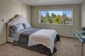 Seattle apartment for rent - A bright bedroom here at Leilani on Greenwood featuring soft carpeted flooring, neutral walls, and a bed with layered gray and white bedding. A large window with blinds fills the room with natural light and offers leafy neighborhood views, while the open layout provides comfortable space for bedroom furnishings.