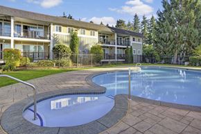 Renton apartment for rent - A serene outdoor swimming pool here at Regency Woods featuring a curved pool design with a shallow entry area, metal handrails, and smooth concrete decking, set against landscaped greenery, manicured grass, mature trees, and multi-story apartment buildings with balconies under a bright blue sky.