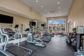 Wenatchee apartment for rent - A modern fitness center here at Riverside 9 with cardio machines, free weights, mirrored walls, and large windows creating a bright, motivating workout space.