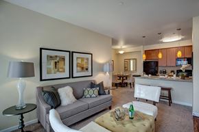 Moses Lake apartment for rent - A welcoming living room here at Solara with a gray sofa, soft carpet, modern lighting, and open layout connecting to the bright kitchen and dining area.