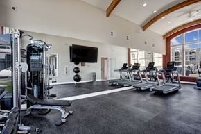 Moses Lake apartment for rent - A gym with treadmills, weights, and a television.