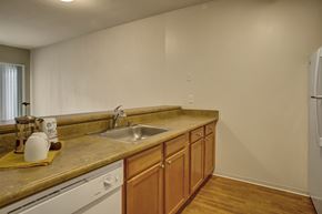 Seattle apartment for rent - A functional kitchen here at St. James Tower with warm wood cabinets, spacious countertops, double sink, dishwasher, and open layout overlooking the living area for easy entertaining.