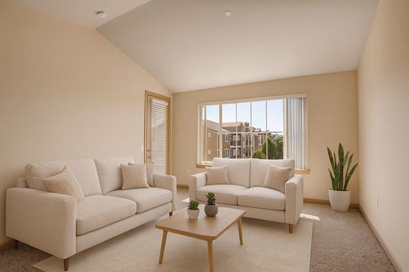 Moses Lake apartment for rent - A bright living room here at The Vintage with beige carpet, soft cream walls, and large windows with vertical blinds bringing in natural light. Light neutral sofas and a wooden coffee table create a warm, inviting atmosphere.