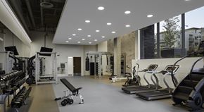 Kirkland apartment for rent - A modern fitness center here at Uptown at Kirkland Urban with treadmills, strength machines, and free weights, featuring bright lighting, expansive windows, and a clean, motivating space for energizing daily workouts.