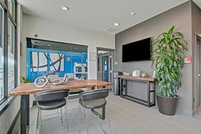 Seattle apartment for rent - A lounge here at Vive featuring a warm wood table, black chairs, large leafy plant, sleek wall-mounted TV, and modern decor, creating a bright, welcoming space for relaxing or meeting.