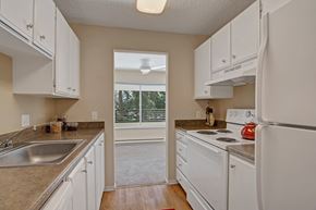 Lake Forest Park apartment for rent - A bright kitchen here at Watercrest with white cabinets, white appliances, and ample counter space, featuring a stainless steel sink and wood-style flooring, opening to a living area with a large window bringing in natural light.