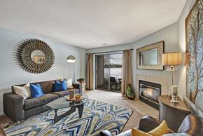 Germantown apartment for rent - A bright living room here at River’s Cove with a gray sofa and blue accent pillows, patterned blue rug, and cozy fireplace. Large sliding doors bring in natural light, creating a warm, welcoming atmosphere.