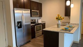 Madison apartment for rent - A modern kitchen here at Royster Commons with dark wood cabinets, granite countertops, and stainless steel appliances. A breakfast bar with pendant lighting creates a stylish and inviting space for dining and entertaining.