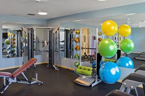 Madison apartment for rent - A gym with a variety of equipment including a red bench, a green ball, and a blue ball.