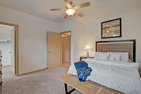 Fitchburg apartment for rent - A cozy bedroom here at Swan Creek with plush carpet, warm wood trim, ceiling fan, and bright lighting, creating a comfortable, inviting, and relaxing space with convenient closet access.