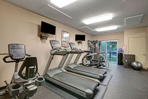 Fitchburg apartment for rent - A gym with treadmills, elliptical machines, and a television.