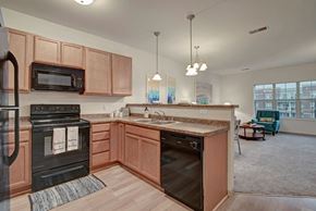 Fitchburg apartment for rent - A bright kitchen here at Swan Creek with warm wood cabinets, black appliances, and open breakfast bar. Inviting layout flows into a cozy living room with teal accent chair.