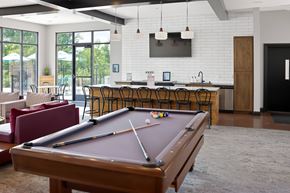 Fitchburg apartment for rent - A pool table is in the middle of a room with a bar and a television.