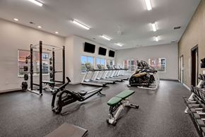 Deforest apartment for rent - A bright fitness center here at The Park featuring modern equipment, rubber flooring, large windows, multiple treadmills, weight machines, benches, and mounted TVs, creating an energetic and inviting workout space.