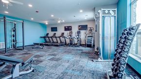Sun Prairie apartment for rent - A modern fitness center here at Van Buren East with cardio machines, free weights, and strength equipment. A bright, open layout with large windows and mounted TVs creates an energizing, motivating workout environment.