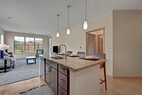 Fitchburg apartment for rent - A bright open kitchen and living area here at Vue at Pinnacle Park with a granite island, bar seating, pendant lighting, and stainless sink, flowing into a spacious carpeted lounge with large windows and natural light.