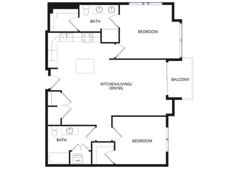 Floor plan for 2 beds, 2 baths, 1098 sqft