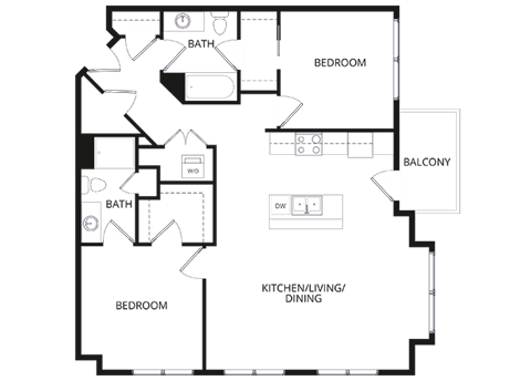 Floor plan for 2 beds, 2 baths, 1136 sqft