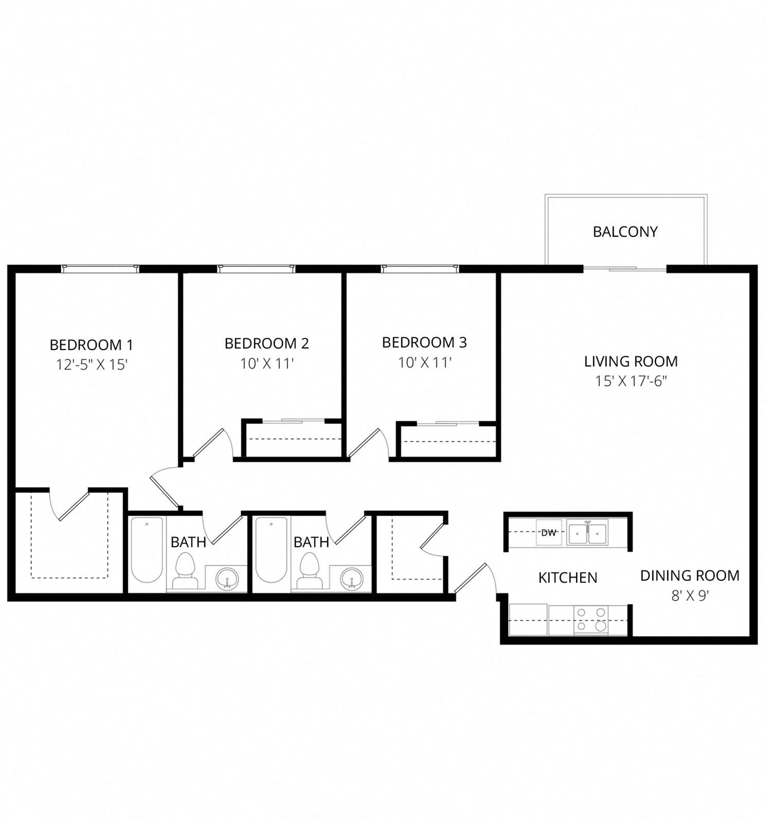 Floor plan for 3 beds, 2 baths, 1260 sqft