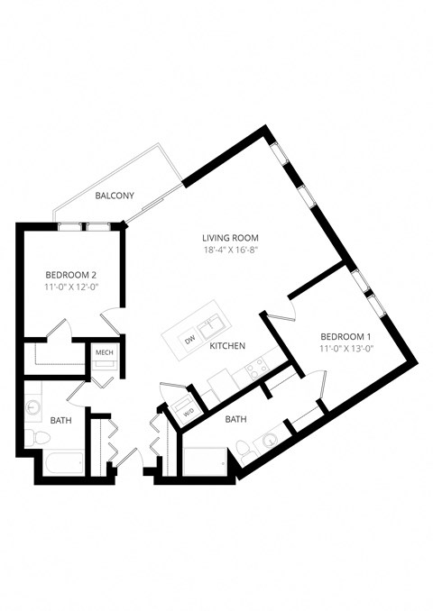 Floor plan for 2 beds, 2 baths, 1174 sqft