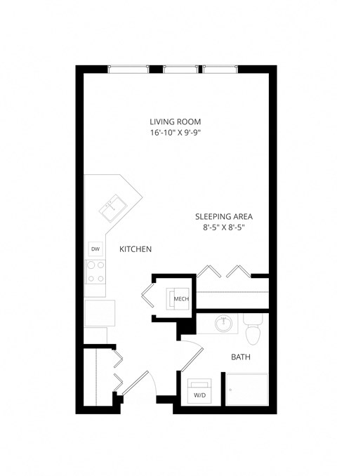 Floor plan for studio, 1 bath, 536 sqft