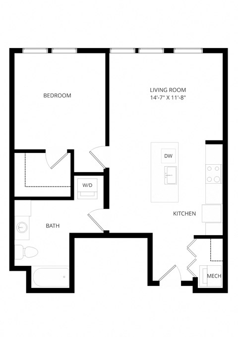 Floor plan for 1 bed, 1 bath, 767 sqft