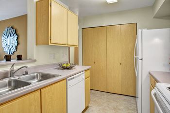 Open kitchen with dishwasher, double sinks, and plenty of cabinet storage and counter space