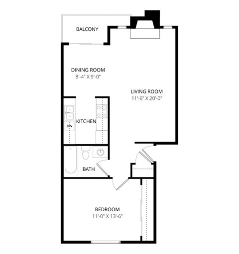 Floor plan for 1 bed, 1 bath, 695 sqft