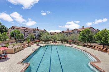 Resort-inspired pool with entertainment decks