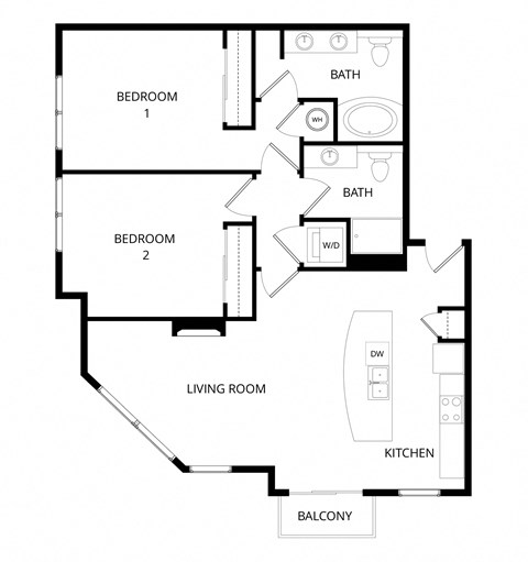Floor plan for 2 beds, 2 baths, 1166 sqft
