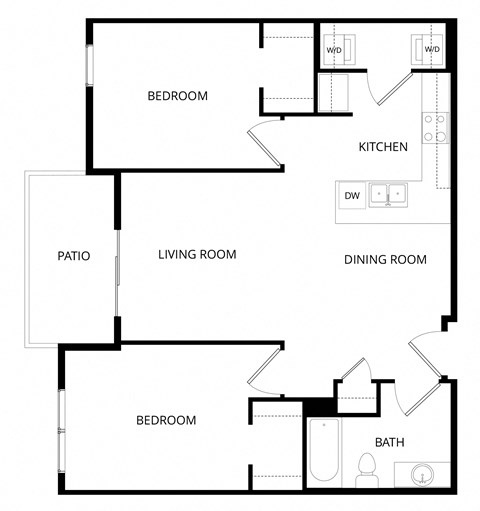 Floor plan for 2 beds, 1 bath, 896 sqft
