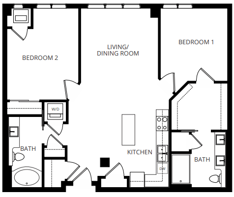 Floor plan for 2 beds, 2 baths, 1127 sqft