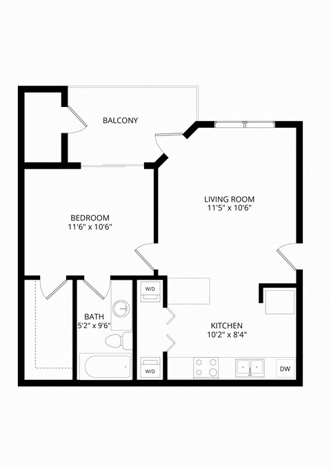 Floor plan for 1 bed, 1 bath, 564 sqft