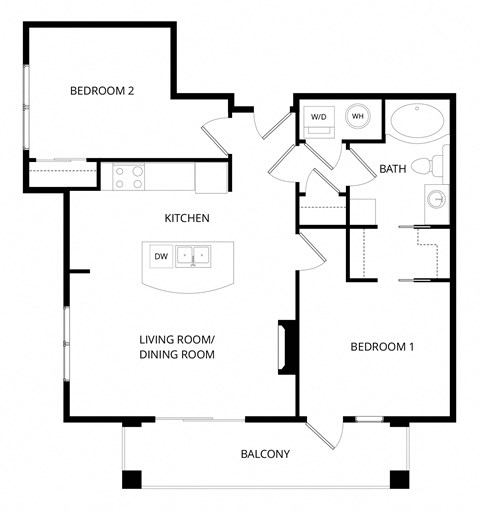 Floor plan for 2 beds, 1 bath, 913 sqft