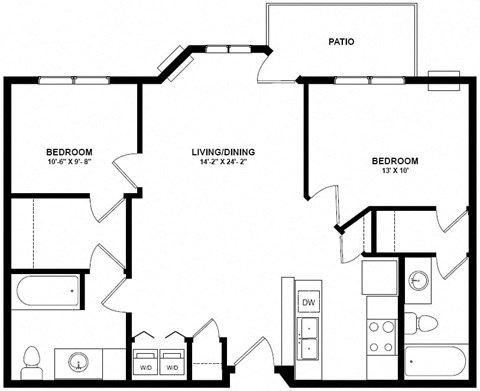 Floor plan for 2 beds, 2 baths, 1005 sqft