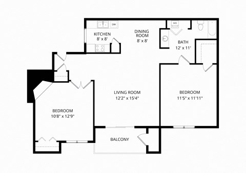 Floor plan for 2 beds, 1 bath, 946 sqft