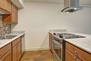Kitchen with stainless steel appliances, glass stove hood, and a view into the living area