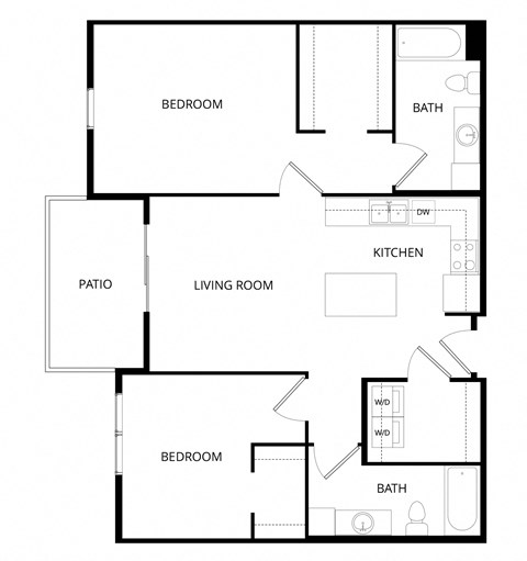 Floor plan for 2 beds, 2 baths, 989 sqft