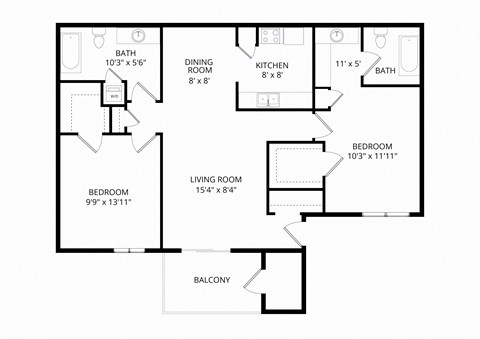 Floor plan for 2 beds, 2 baths, 976 sqft