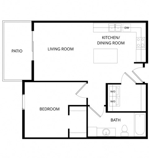 Floor plan for 1 bed, 1 bath, 637 sqft