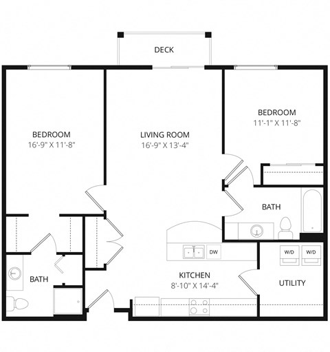 Floor plan for 2 beds, 2 baths, 1083 sqft